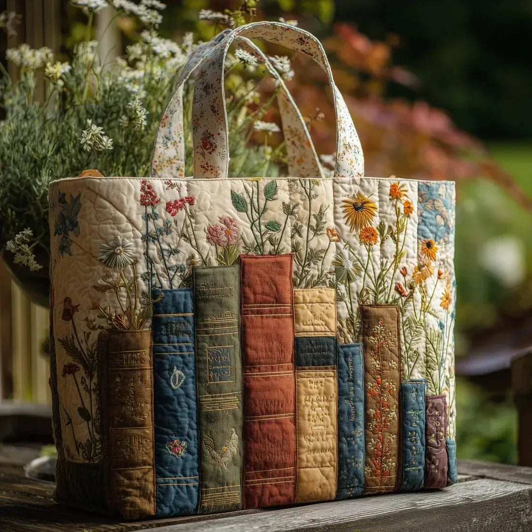 Handgjord quiltad väska: böcker och blommor