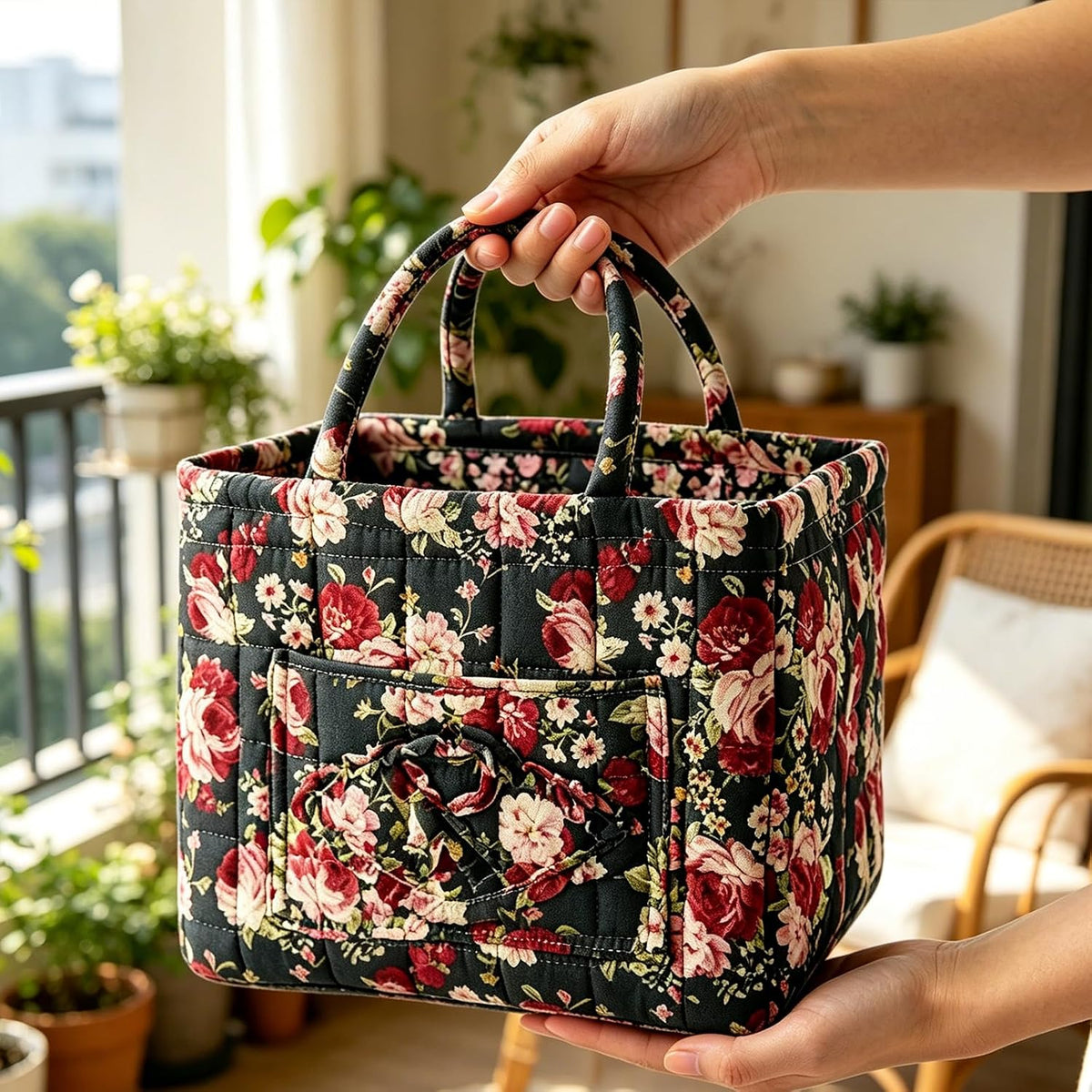 Nattros | Quiltad blommig tygväska