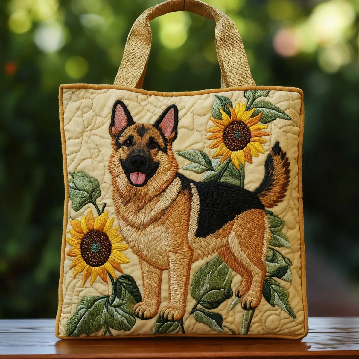 Handgjord väska med schäferhund och blommor